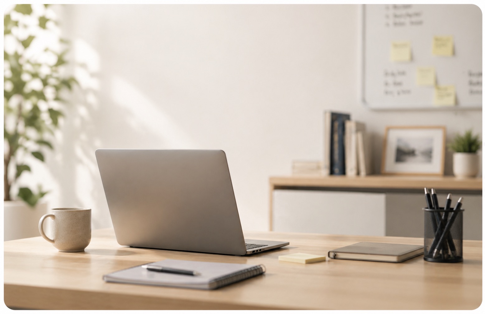 Calm rep workspace — laptop, mug, notebook on a wooden desk by a window